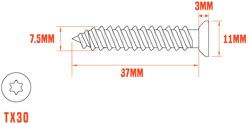 A technical drawing of a 7.5 x 40mm coloured countersunk concrete screw with dimensions labelled