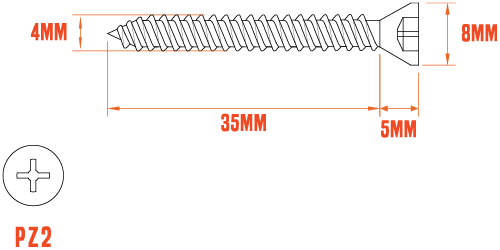 A technical drawing of a 4 x 40mm coloured countersunk concrete screw with dimensions labelled