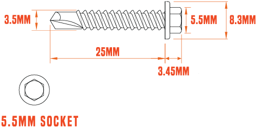 A technical drawing of a 3.5 x 25mm coloured self-drilling screw with dimensions labelled