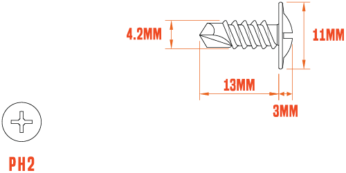 A technical drawing of a 4.2 x 13mm coloured self-drilling screw with dimensions labelled