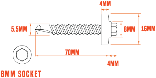 A technical drawing of a 5.5 x 70mm coloured self-drilling tek screw with dimensions labelled