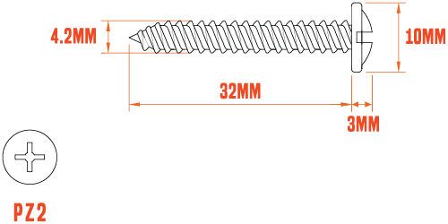 A technical drawing of a 4.2 x 32mm coloured self-tapping flange screw with dimensions labelled