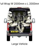 A digital image showing a Mercedes Benz van rear panel with a large Stormtrooper decal applied to it.