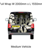 A digital image showing a Volkswagen van rear panel with a medium-sized Stormtrooper decal applied to it.