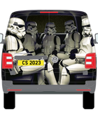 A digital image showing a Volkswagen van rear panel with a Stormtrooper decal applied to it.